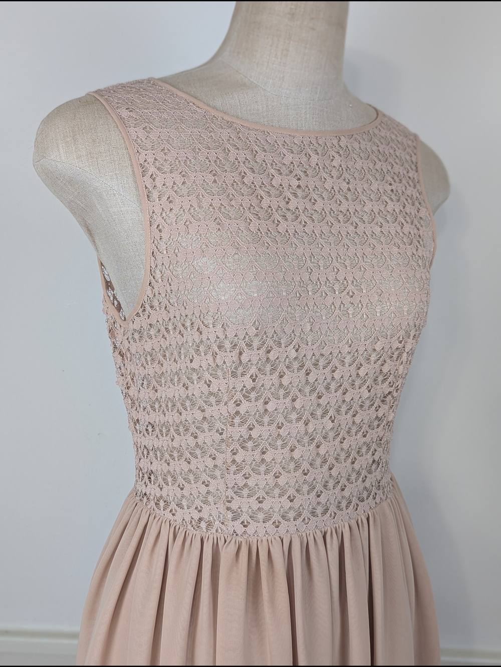 Vintage Sleeveless Lace Bodice Chiffon Midi Dress in Blush